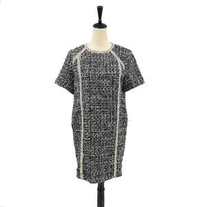 THML Black White Metallic Tweed Plazacore Short Sleeve Lined Shift Mini Dress